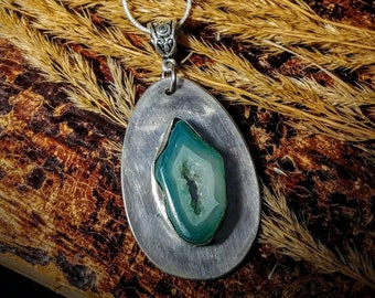Pendant made from vintage silver plate silverware with genuine raw Agate stones. Includes silver chain. Free shipping within Canada.