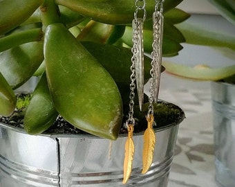 Gold feather fork tine earrings made from up-cycled vintage silver plate silverware. Free shipping within Canada.