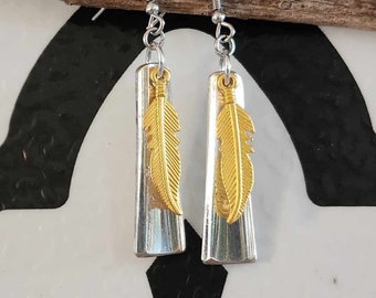 Gold feather silverware earrings made from up-cycled vintage silver plate silverware. Free shipping within Canada.