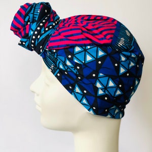 African Head wrap for women, Ankara fabric,  panel, pink blue