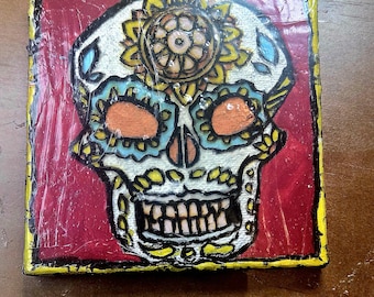 Cuadro decorativo de resina 3D para pared, pintura acrílica metálica del Día de Muertos con diseño de grosor 3D.