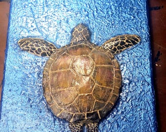 3D Resin Wall Art, 3D Clay with Metallic Acrylic Paint of a Turtle in the Blue Water.