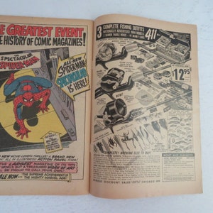 Pu&ograve; includere: Una copertina di fumetto con Spider-Man in un costume rosso e blu, che si arrampica su un edificio. Il testo della copertina recita "Il pi&ugrave; grande evento nella storia dei fumetti!" e "Il nuovissimo Spider-Man Spectacular &egrave; qui!" La quarta di copertina presenta una pubblicit&agrave; per set completi da pesca, al prezzo di 12,95 &euro;.