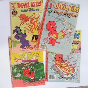 May include: Four vintage Devil Kids starring Hot Stuff comic books by Harvey World. The covers feature the red devil character in various scenes, including cooking, holding eggs with the text 'Hey! Don't get so egg-cited!', and bathing in fire.