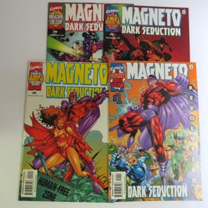 May include: A collection of Marvel Comics' "Magneto: Dark Seduction" comic books. The covers feature Magneto in various action poses, with vibrant colors and dynamic artwork. The comics are numbered and include text such as "Human-Free Zone".
