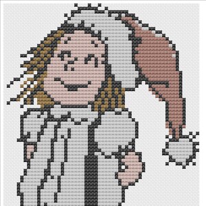 May include: Pixelated image of a person in a white outfit with a black skirt and a brown hat. The person is walking with a smile. The image is a cross-stitch pattern.