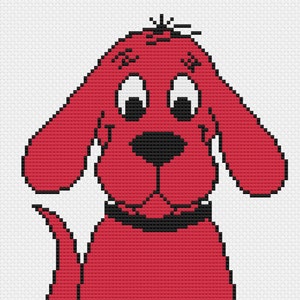 May include: A red cartoon dog with big eyes and a black nose, sitting with its legs crossed. The dog has a black collar.