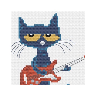 Puede incluir: Un gato azul con ojos amarillos está tocando una guitarra eléctrica roja. El gato lleva zapatos rojos con cordones blancos.