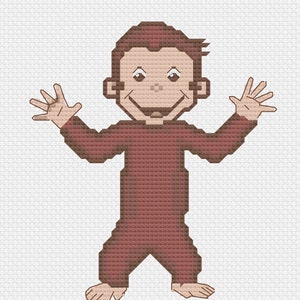 May include: A brown cartoon monkey with a big smile, wearing a red jumpsuit and waving with both hands.