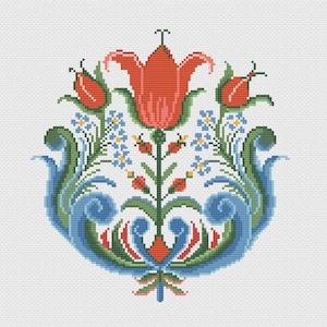 Puede incluir: Diseño floral de punto de cruz con un tulipán rojo central, detalles en rosa, hojas verdes, nomeolvides azules y remolinos estilizados azules y verdes. El diseño está sobre un fondo blanco.