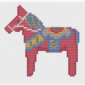 May include: A red, blue, yellow and green Swedish Dala horse, a traditional folk art wooden horse, is depicted in a cross-stitch pattern.
