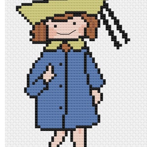 May include: A pixel art illustration of a girl wearing a blue coat, a yellow hat with a black ribbon, and brown shoes. She has brown hair and a smiling face.