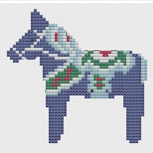 May include: A blue and white Dala horse with red and green floral details. The horse is a traditional Swedish folk art design.