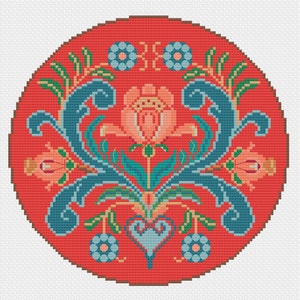 Peut inclure: Un motif circulaire rouge avec un motif floral stylisé. Le motif présente une fleur centrale avec des feuilles bleues et vertes, entourée de fleurs plus petites et d'une forme de cœur.