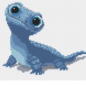 May include: A blue cartoon lizard with large, round, blue eyes. The lizard is looking up and has a friendly expression.