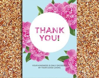 INSTANT DOWNLOAD | Modern, Humorous Pink Peony Thank You Card with Light Blue Background