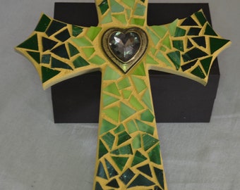 Handmade Mosaic Stained Glass Cross - Green & Gold Wall Art