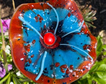 Fused Glass 3D Flower Garden Art Stake - Handmade Colorful | Americana Red Bright Blue