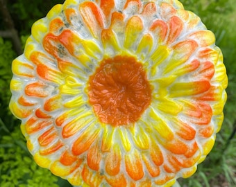 Fused Glass 3D Flower Head Garden Stake - Handmade Zinnia/Dahlia | Colorful Orange, Yellow & White