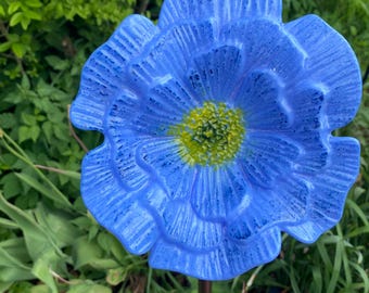 Fused Glass 3D Flower Blue Poppy - Handmade Flower for a Stake