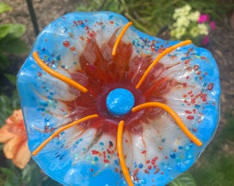 Fused Glass Flower Garden Art Stake - Handmade Colorful Blue, Orange White