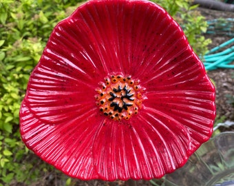 Fused Glass 3D Flower Head Red Poppy - Handmade Flower for a Stake