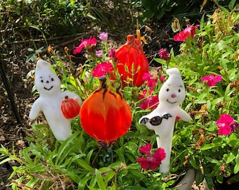 Fused Glass Garden Flower Pot Stake -Handmade Pumpkin/Ghost- Planter/Pot