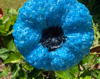 Fused Glass 3D Flower Head Garden Stake - Handmade Dahlia/Zinnia | Colorful Topaz Blue
