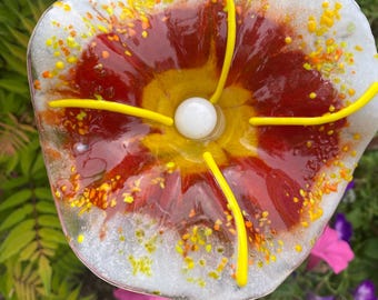 Fused Glass Flower Garden Stake - Handmade Colorful | Red Yellow White