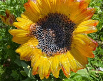 Handmade Fused Glass Sunflower Garden Stake - Yellow, Gold, Orange, (7.5-8.5”)