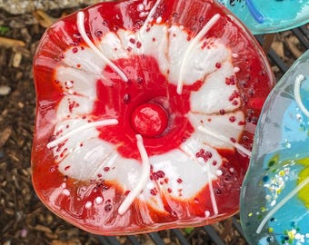 Fused Glass 3D Flower Garden Stake - Handmade Colorful Red Yellow