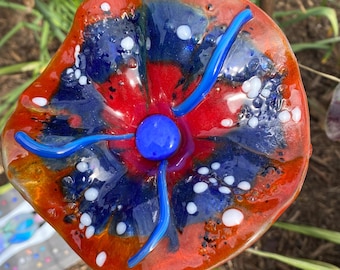 Fused Glass 3D Flower Garden Stake - Handmade Colorful | Americana Red Blue White