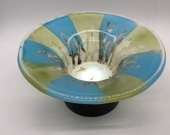 Handmade Fused Glass Bowl or Candle holder - Blue Green