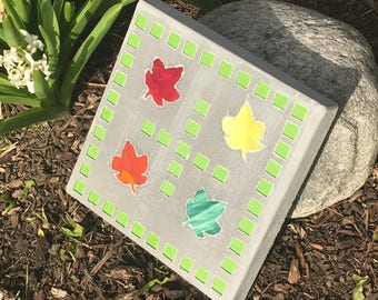 Mosaic Concrete Stepping Stone Maple leaves - Handmade 12x12 Square