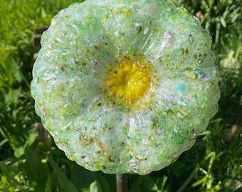 Fused Glass 3D Flower Head Garden Stake - Handmade Zinnia/Dahlia | Colorful Greens & White