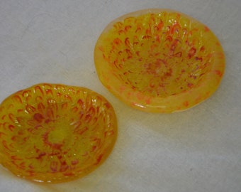 Pair of Fused Glass Flower  Zinnia/Dahlia Trinket, Wish Dishes - Yellow/Orange