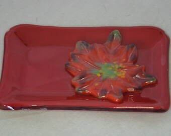 Handmade Fused Glass Christmas Soap Dish - Holiday Poinsettia/Flower - Red