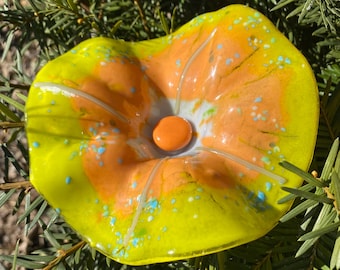 Fused Glass 3D Flower Garden Stake - Handmade Colorful | Peach/Orange, Green White