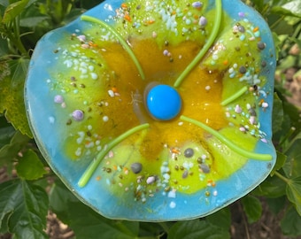 Fused Glass Flower Garden Stake - Handmade Colorful Yellow Blue White
