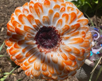 Fused Glass 3D Flower Head Garden Stake - Handmade Zinnia/Dahlia | Colorful Orange, White
