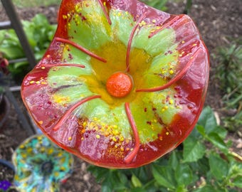Fused Glass 3D Flower Garden Art Stake - Handmade Colorful Orange Lemongrass Red