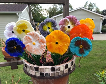 Fused Glass Garden Art Flower Stake -Handmade Hibiscus - Planter/Pot