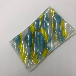 Handmade Fused Glass - Abstract soap, trinket, snack dish, White, Turquoise, yellow