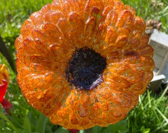 Fused Glass 3D Flower Head Garden Stake - Handmade Zinnia/Dahlia | Colorful Orange & Rust