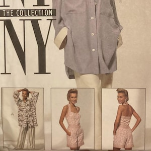 May include: A McCall's NY NY The Collection sewing pattern envelope 5867 size 10. The front displays a light blue button-down shirt with white collar, pocket flaps, and cuffs. Smaller images show a patterned shirt with pants and a patterned romper.