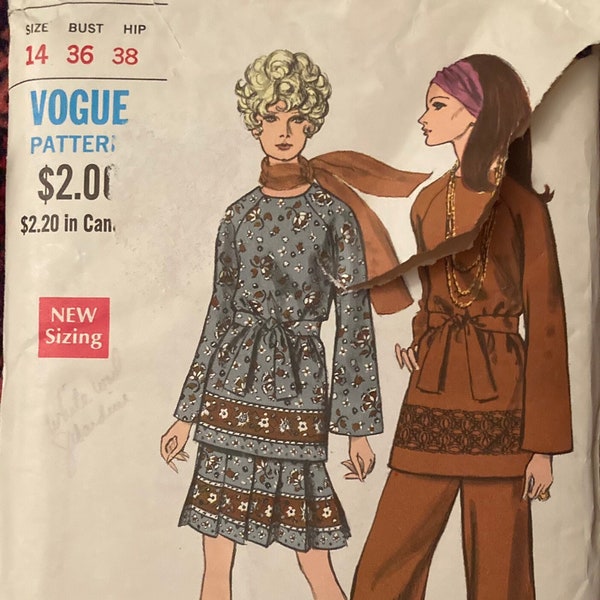 Vogue 7645 RARE Vintage 1970s Straight Leg Pants Pleated Knee Length Skirt Belt High Neck Tunic Top Blouse UNCUT FF sewing pattern bust 36"