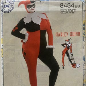May include: Harley Quinn costume pattern. The pattern features a full-body jumpsuit in red and black, a white ruffled collar, and a matching headpiece. The text "HARLEY QUINN" is displayed on the pattern.