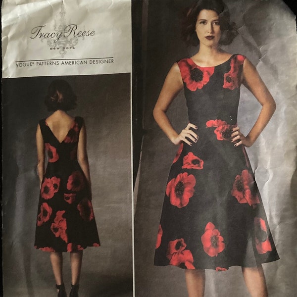 Vogue V1422 2010s Tracy Reese Designer Fitted Cocktail Dress Below the Knee Open Back Office Wear UNCUT FF sewing pattern bust 30.5 - 36 in