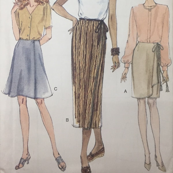 Vogue 9225 RARE Vintage 1990s Wrap Skirt Knee Length Midi A-line tapered straight button tie UNCUT FF sewing pattern waist 24 in - 26 1/2 in