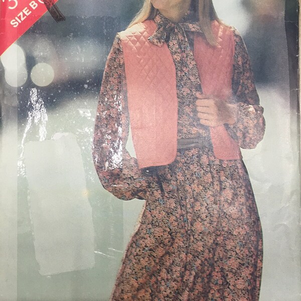 Butterick See & Sew 3536 Vintage 1980s Long Sleeve Pussybow Gathered Sleeve Knee Length Midi Dress Quilted Vest UNCUT FF bust 36 in - 40 in